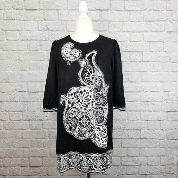 Tibi black white paisley print shift style 3/4 sleeve mini dress women's size 10 - Picture 2 of 9